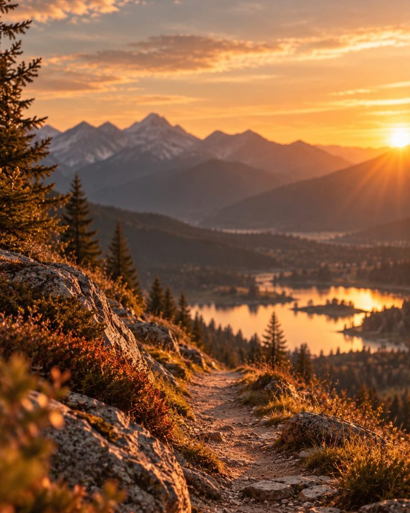 Ein Bergweg im Abendlicht, der sich über einen See hinabschlängelt