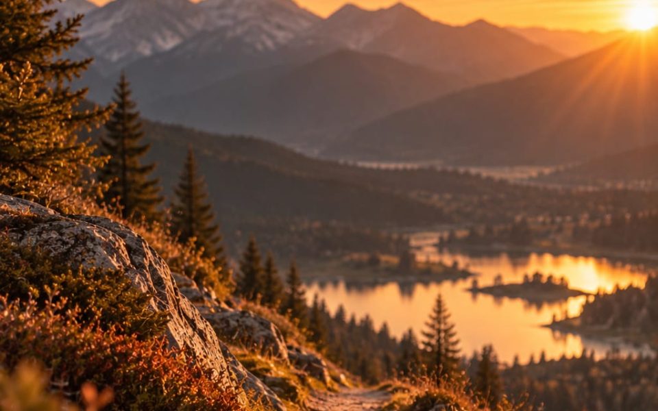 Ein Bergweg im Abendlicht, der sich über einem See hinabschlängelt