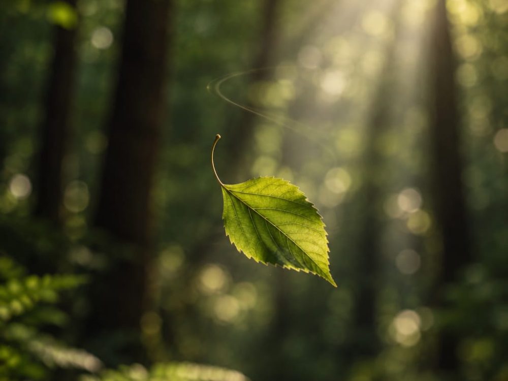 Ein einzelnes Blatt im Sonnenstrahl zwischen dunklen Bäumen