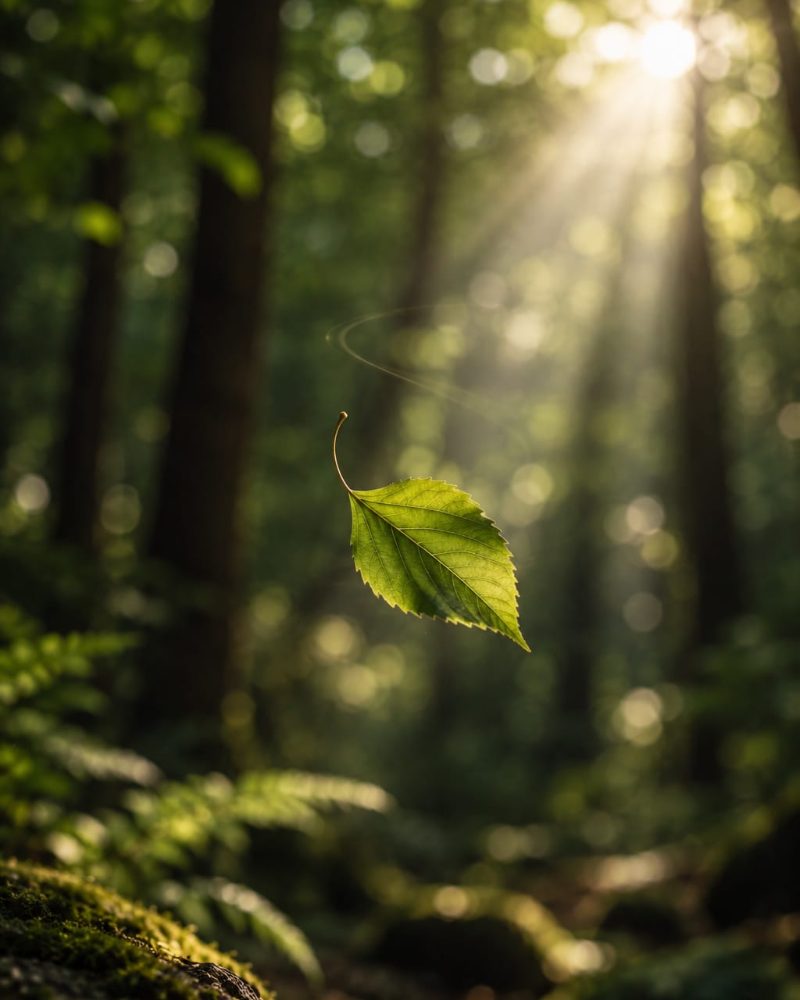Ein einzelnes Blatt im Sonnenstrahl zwischen dunklen Bäumen