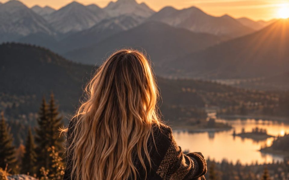 Marina Remmele blickt bei Sonnenuntergang über einen Bergsee