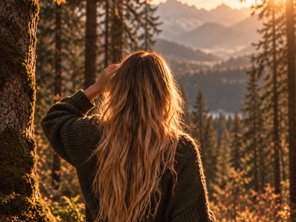 Marina Remmele im herbstlichen Wald im Gegenlicht der Abendsonne