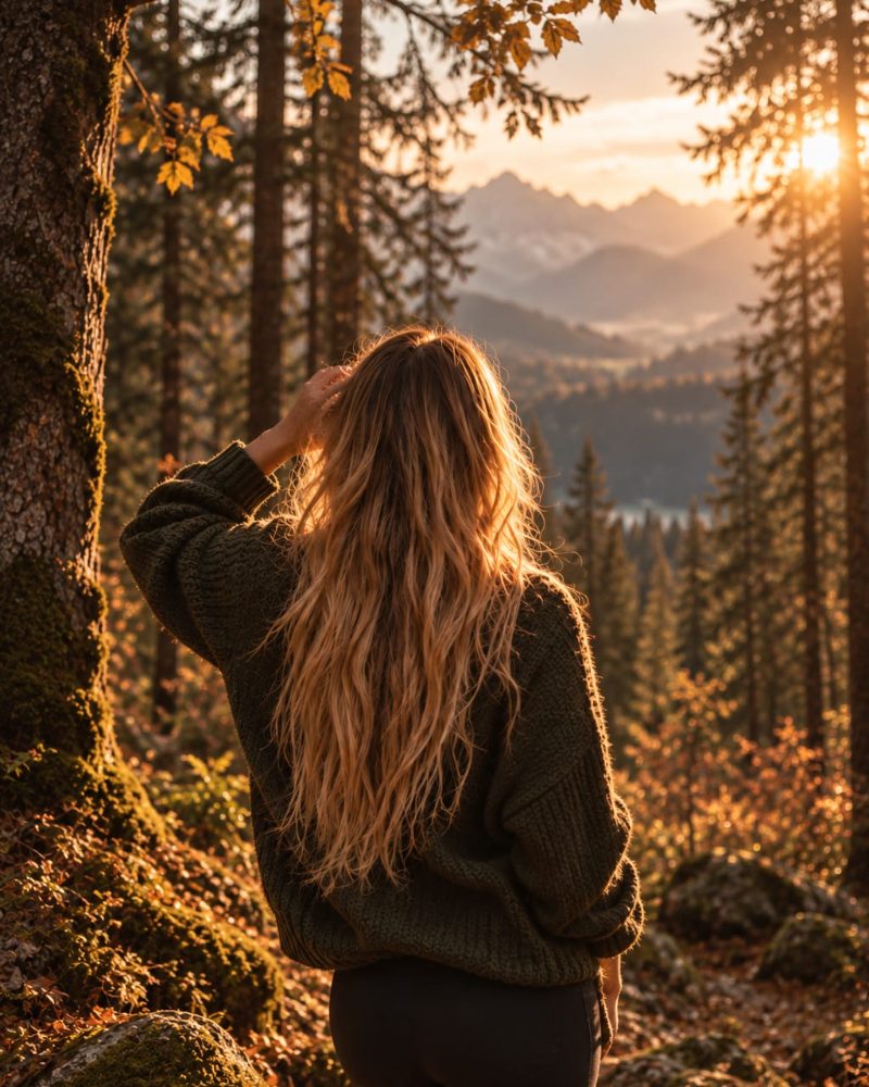 Marina Remmele im herbstlichen Wald im Gegenlicht der Abendsonne