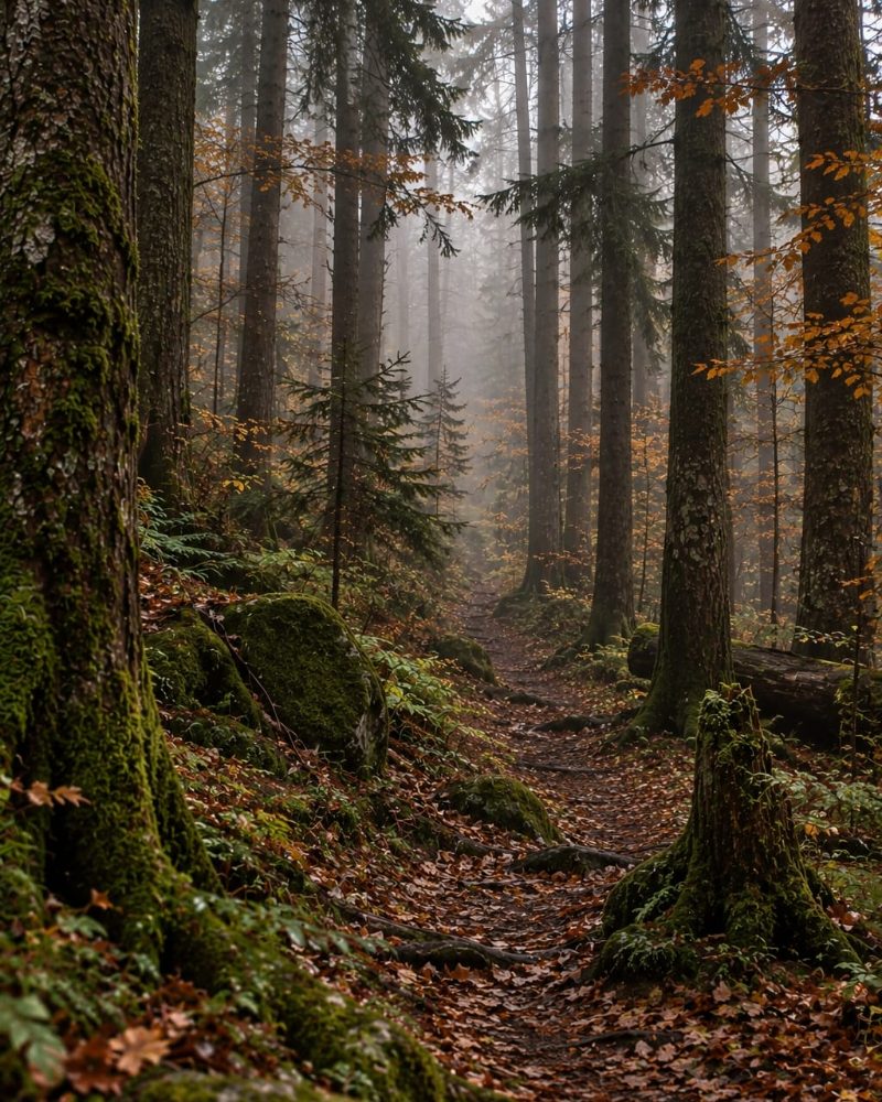 Stiller Nebelwald im Herbst mit einem schmalen Waldweg