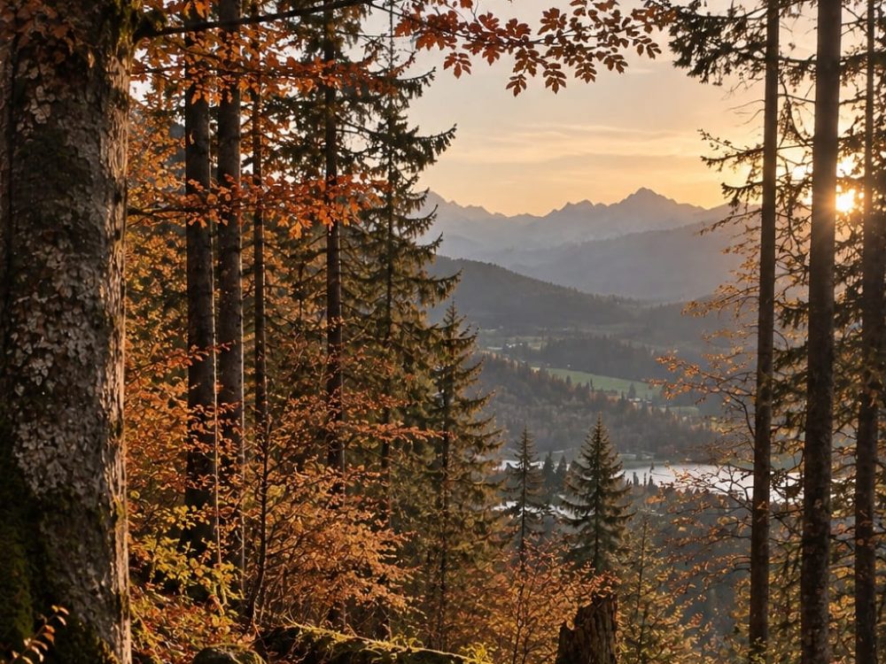 Wald im Abendlicht mit Blick auf die Voralpen