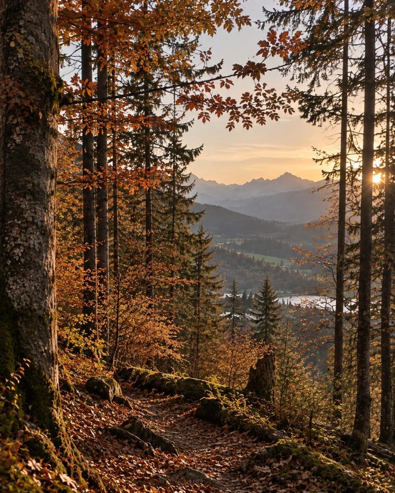 Wald im warmen Abendlicht mit Blick auf die Voralpen