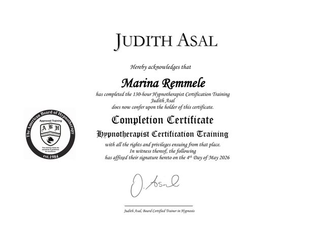 Zertifikat „Hypnotherapist Certification Training“ für Marina Remmele, ausgestellt von Judith Asal