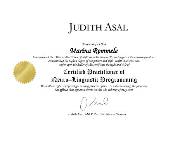 Zertifikat „Certified Practitioner of Neuro-Linguistic Programming“ für Marina Remmele, ausgestellt von Judith Asal